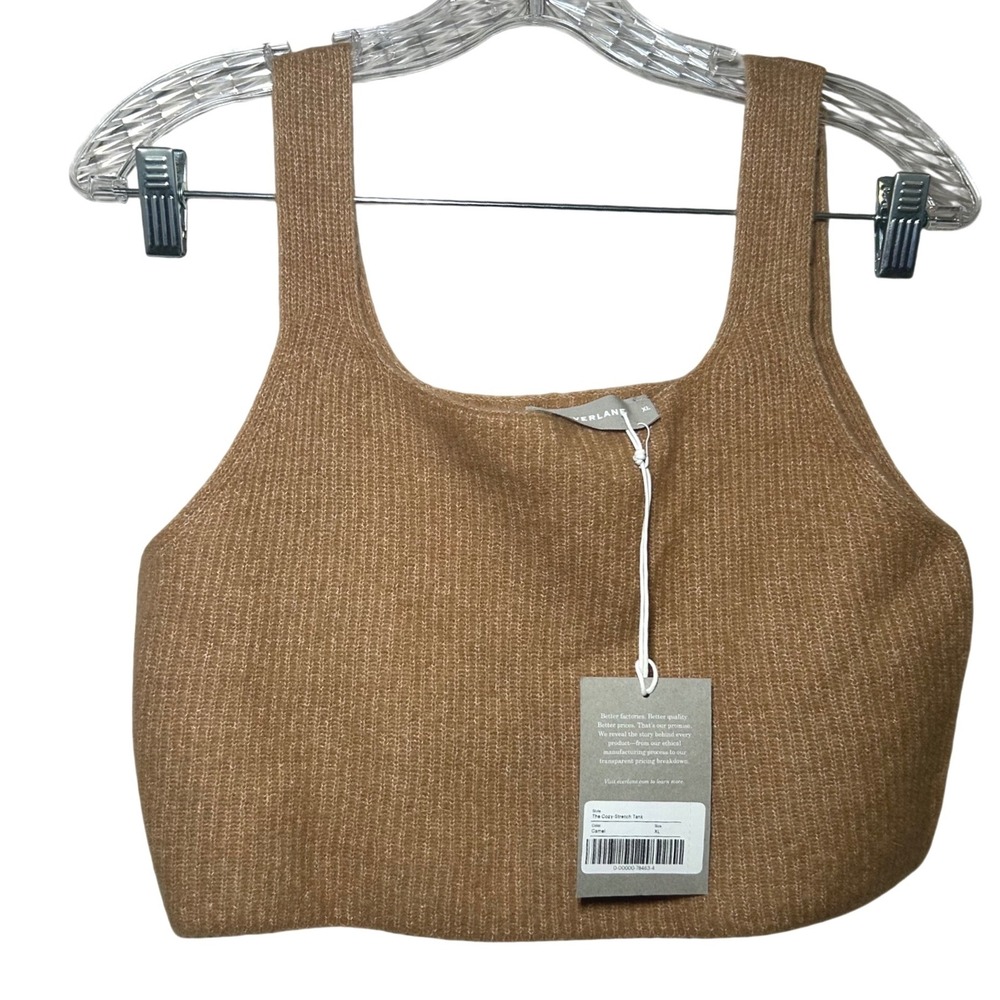 Everlane Cozy Stretch Tank Ribbed Knit Square Neck Camel Brown Cropped Size XL